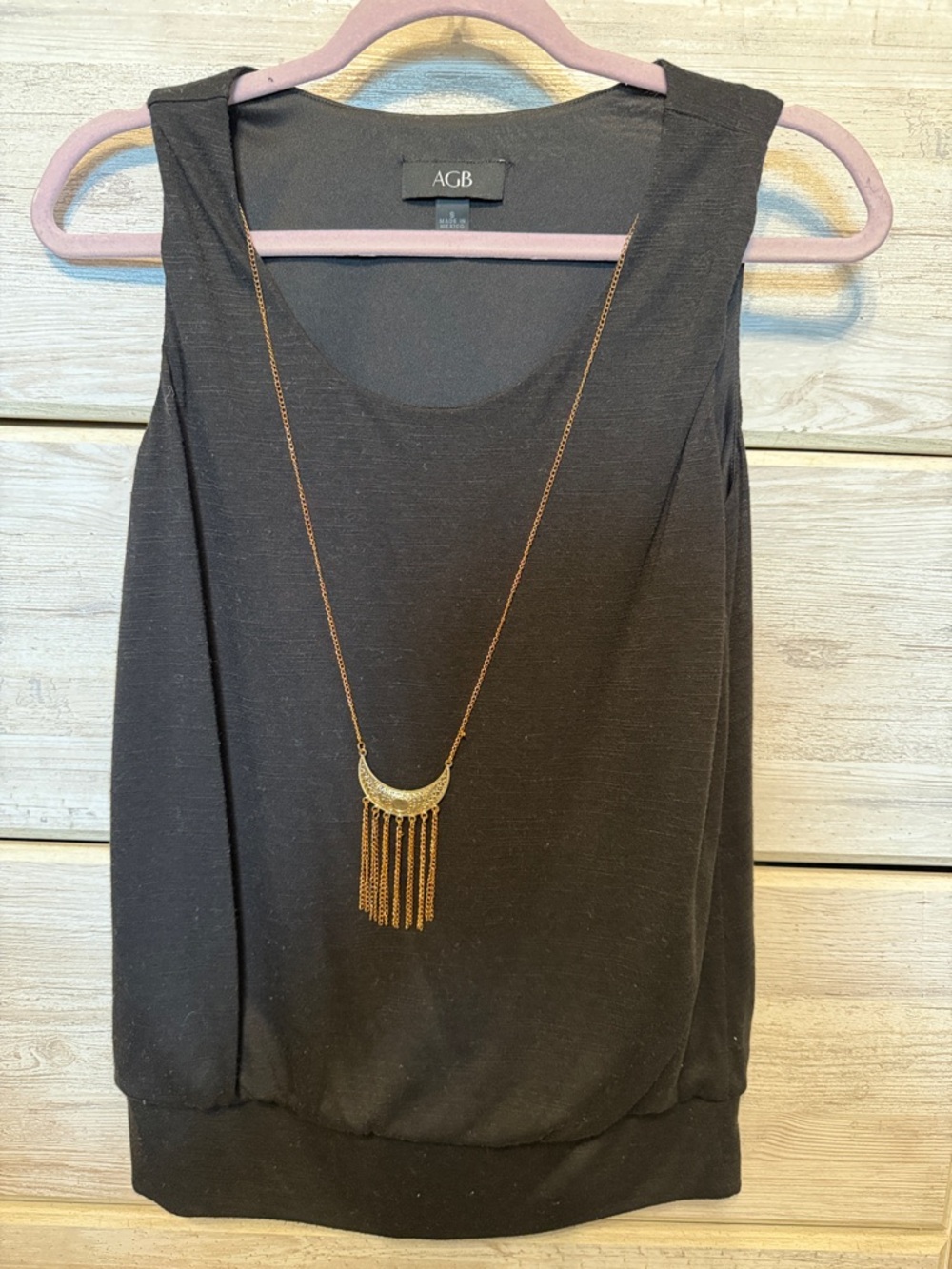 Women’s AGB Black Sleeveless Scoop Neck Tank with necklace.  Size small